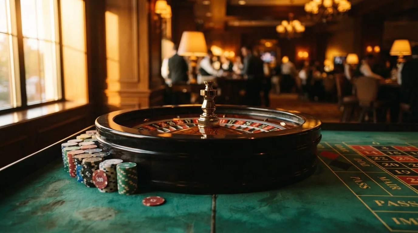 Roda de roleta e fichas sobre feltro verde, sob uma luz quente de fim de tarde — páginas de casino em portugal