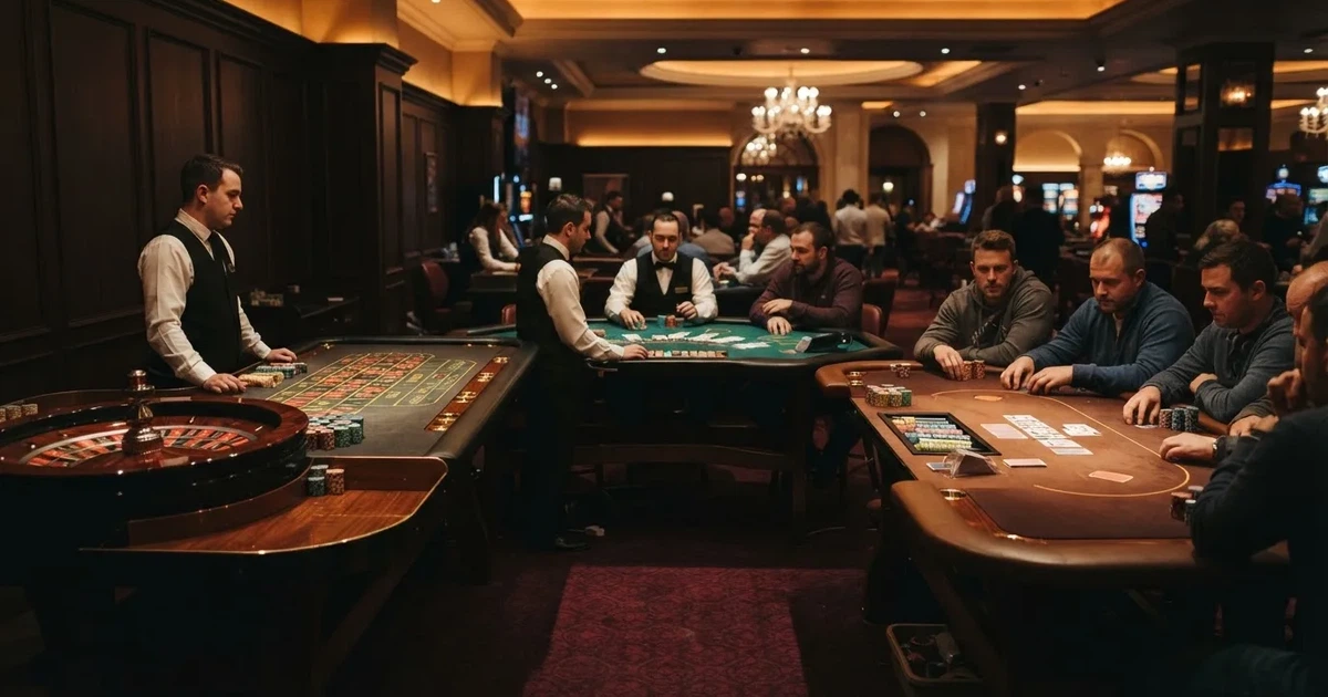 Três mesas de jogo diferentes lado a lado numa sala calma e calorosamente iluminada — páginas de casino em portugal