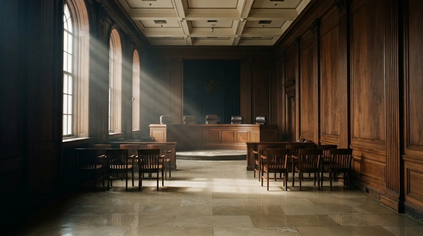 Sala de tribunal vazia com painéis de madeira, à luz da manhã — probabilidades de roleta pt