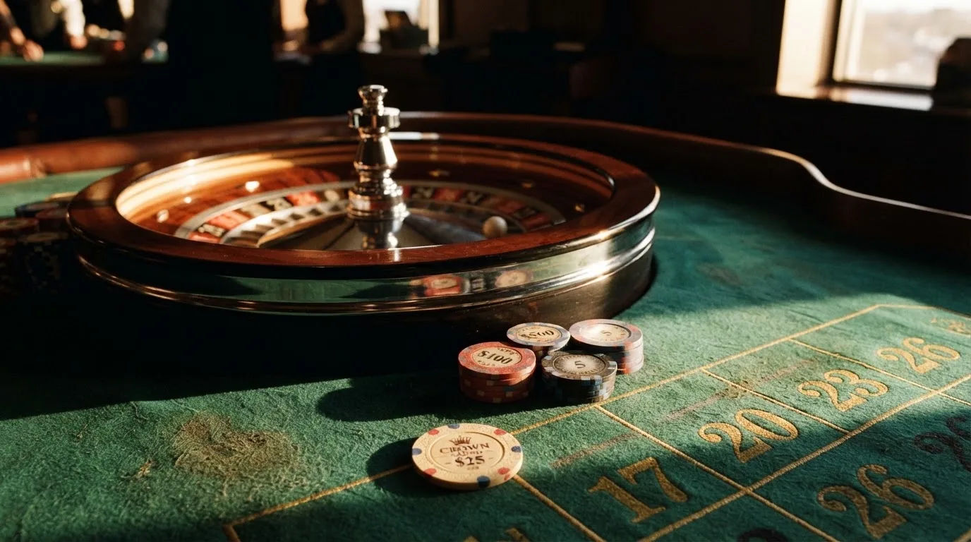 Roda de roleta e fichas sobre feltro verde, sob uma luz quente de fim de tarde — promoções de casino em portugal