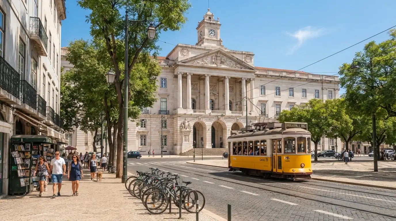 Edifício institucional de pedra com colunas junto a uma avenida lisboeta, céu limpo, elétrico amarelo ao longe, fotografia de rua.