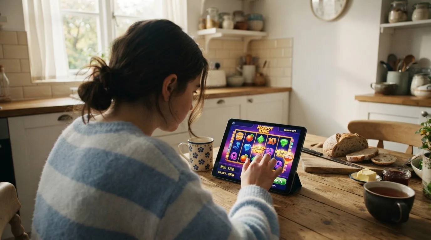 Jovem sentado à mesa da cozinha a explorar um tablet com ar curioso, chávena de chá e pão sobre a mesa, luz da manhã.