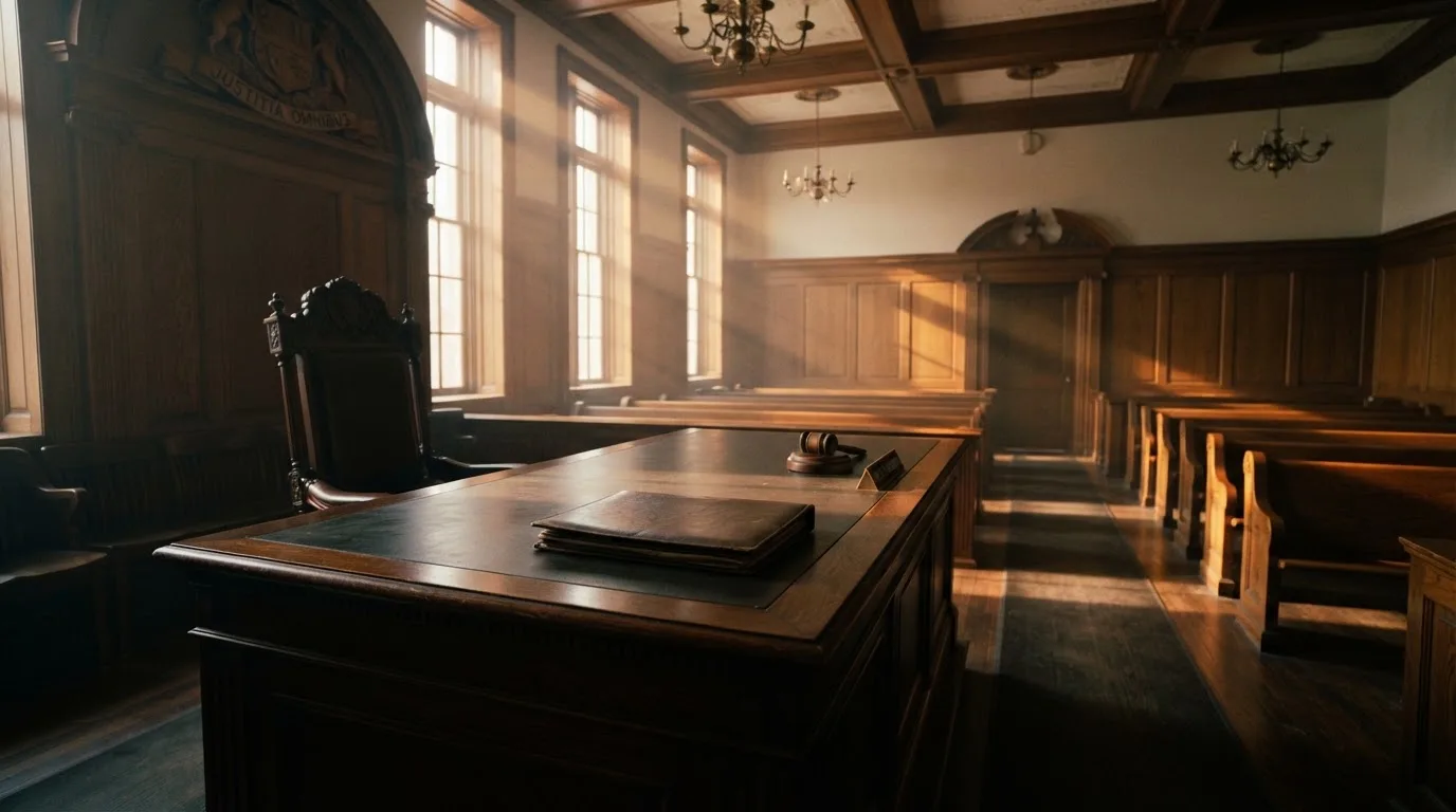 Sala de tribunal vazia com painéis de madeira, à luz da manhã — roleta americana em portugal