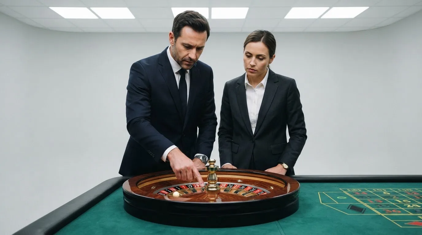 Duas pessoas de fato a examinar uma roda de roleta num estúdio, uma delas a apontar para a bola, com luz branca de trabalho.