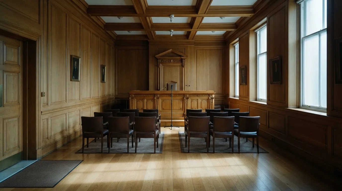Sala de tribunal vazia com painéis de madeira, à luz da manhã — roleta casino em portugal