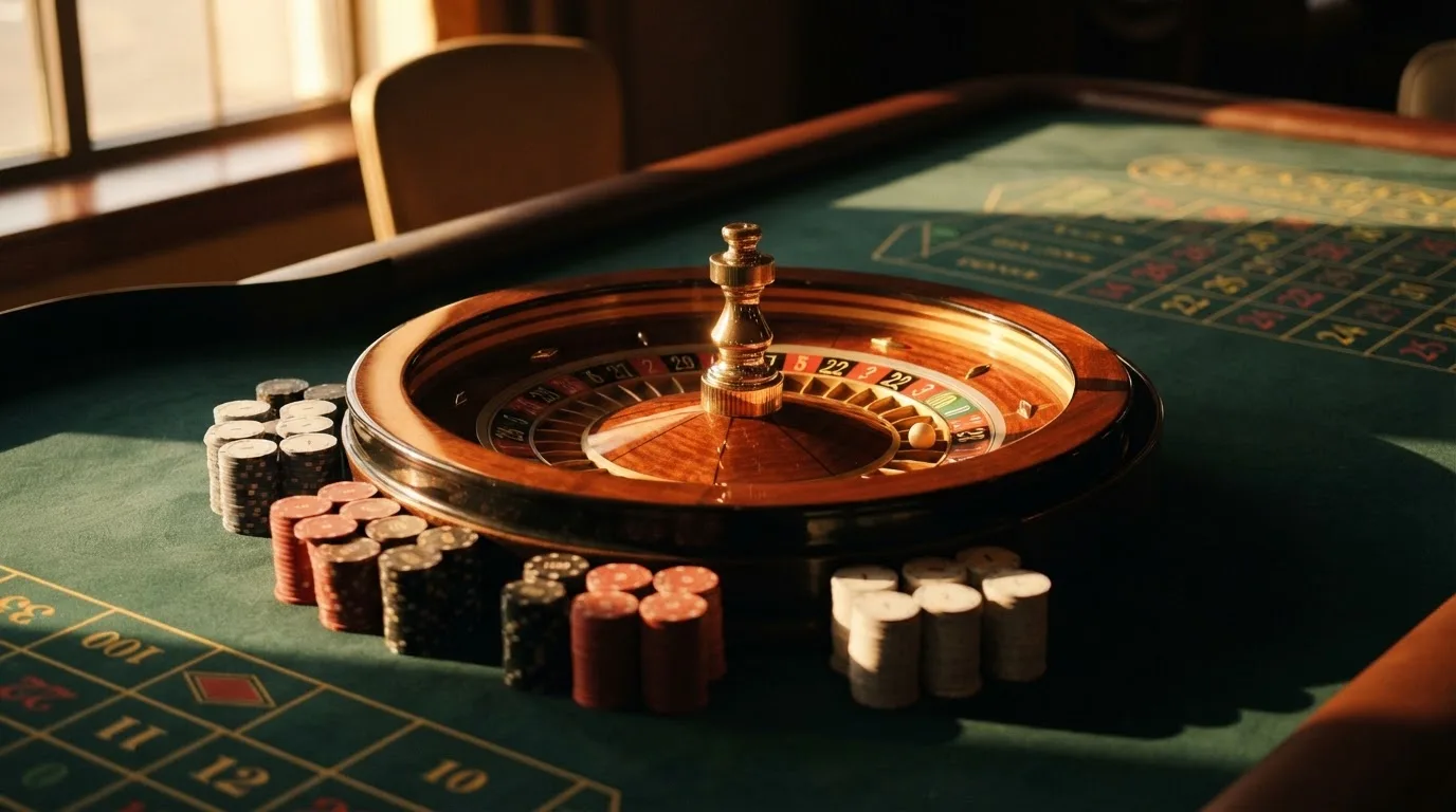 Roda de roleta e fichas sobre feltro verde, sob uma luz quente de fim de tarde — roleta casino em portugal