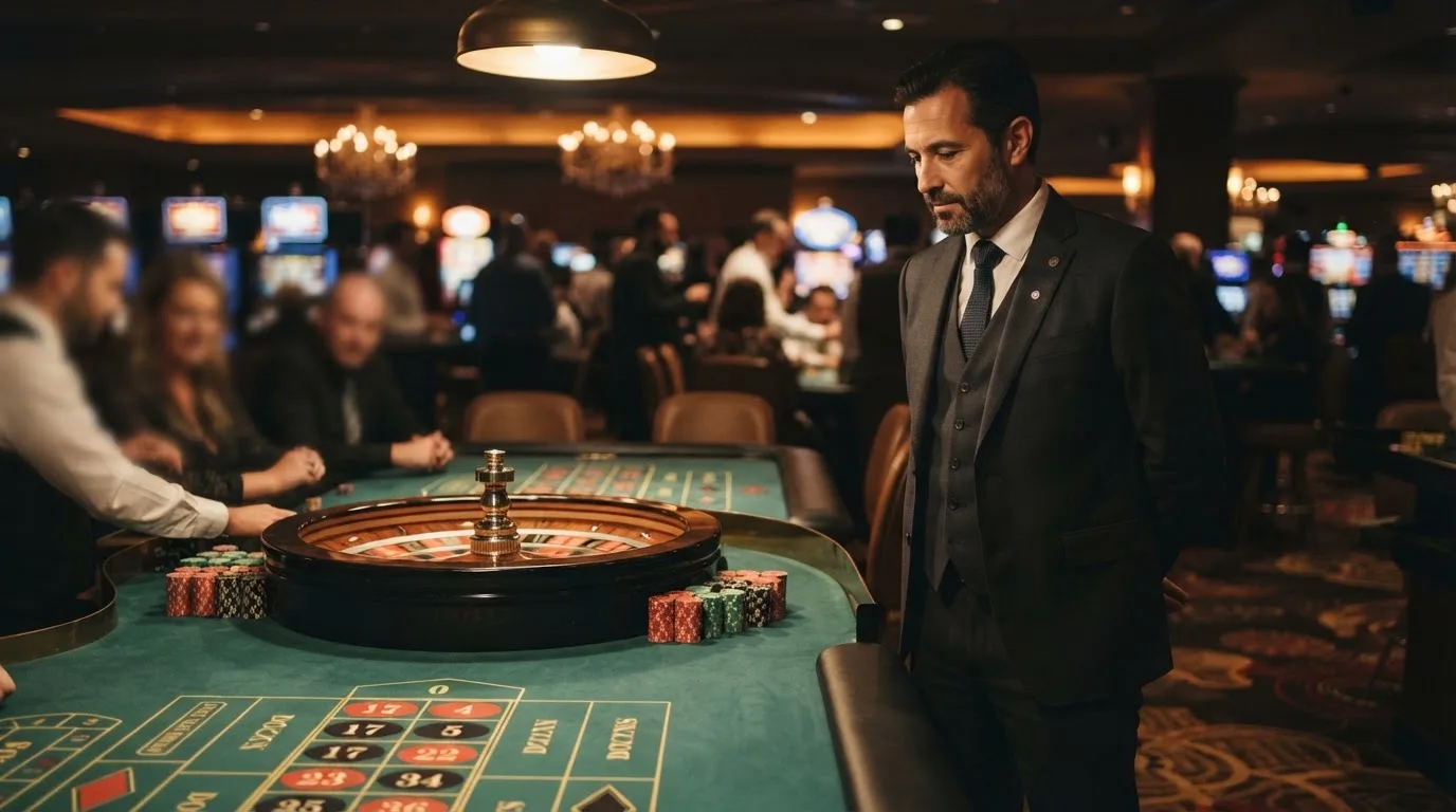 Fiscal de sala de casino de fato escuro a observar atentamente uma mesa de roleta, com jogadores desfocados ao fundo.