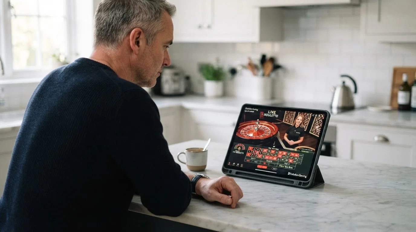 Jogador de meia-idade a ver uma transmissão de roleta num tablet, apoiado na bancada de uma cozinha moderna, com expressão atenta.