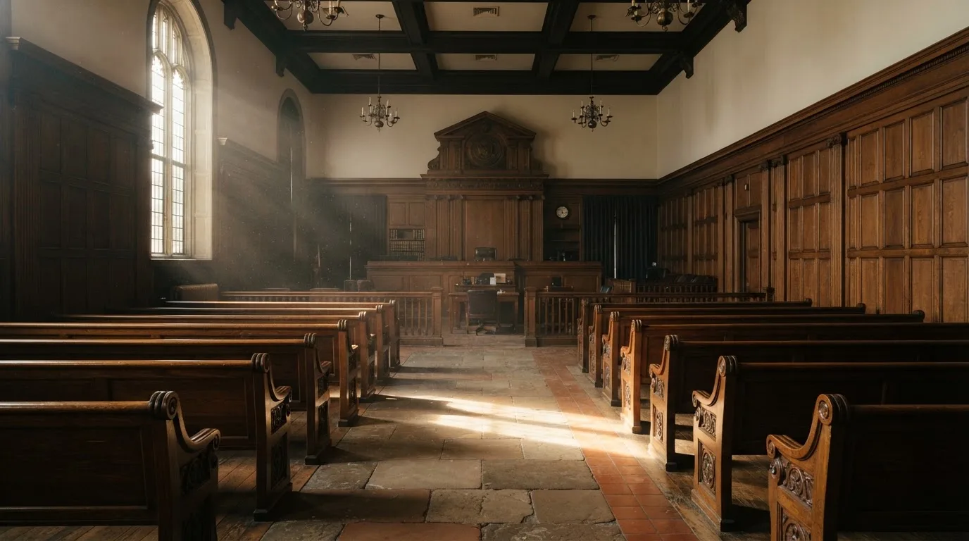 Sala de tribunal vazia com painéis de madeira, à luz da manhã — roleta francesa em portugal