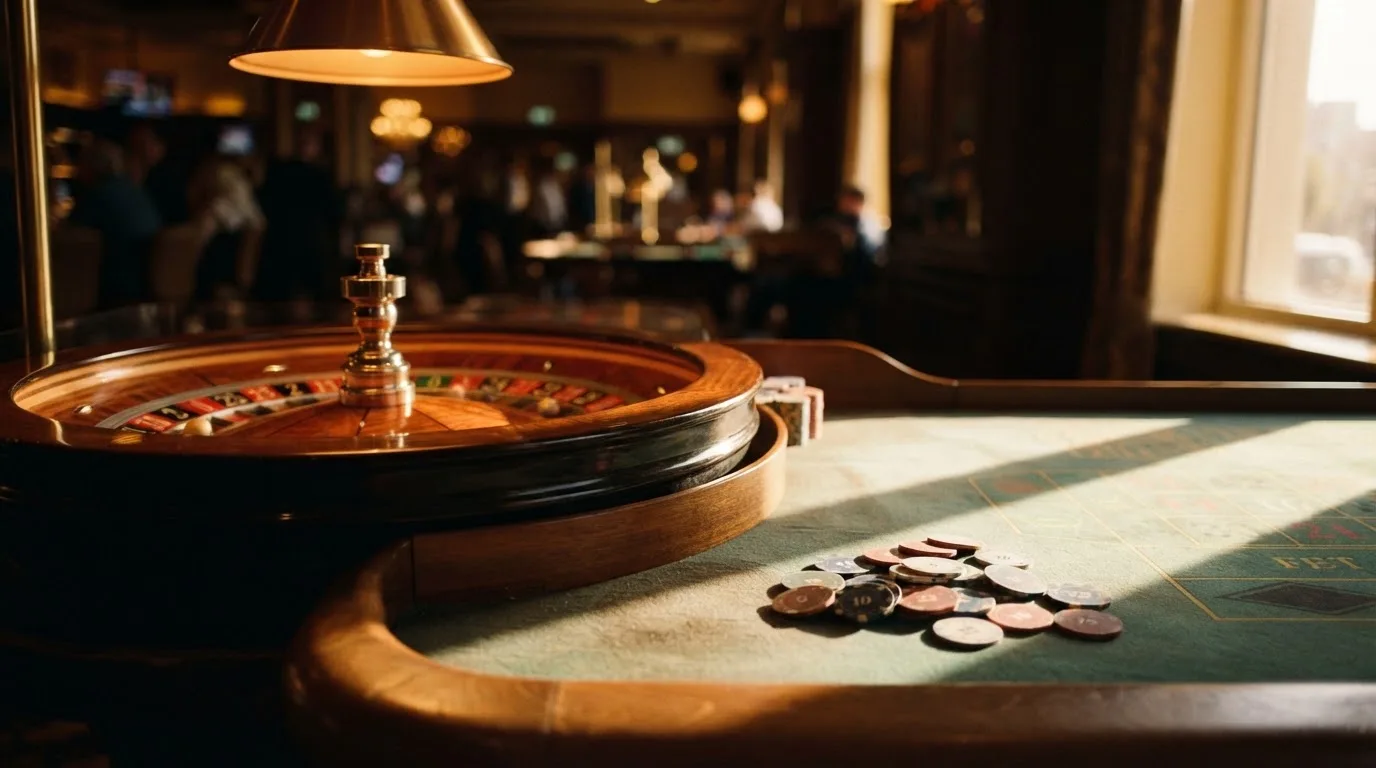 Roda de roleta e fichas sobre feltro verde, sob uma luz quente de fim de tarde — sites de casino para os portugueses