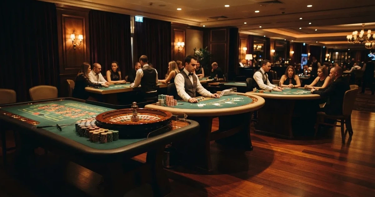 Três mesas de jogo diferentes lado a lado numa sala calma e calorosamente iluminada — sites de casino para os portugueses