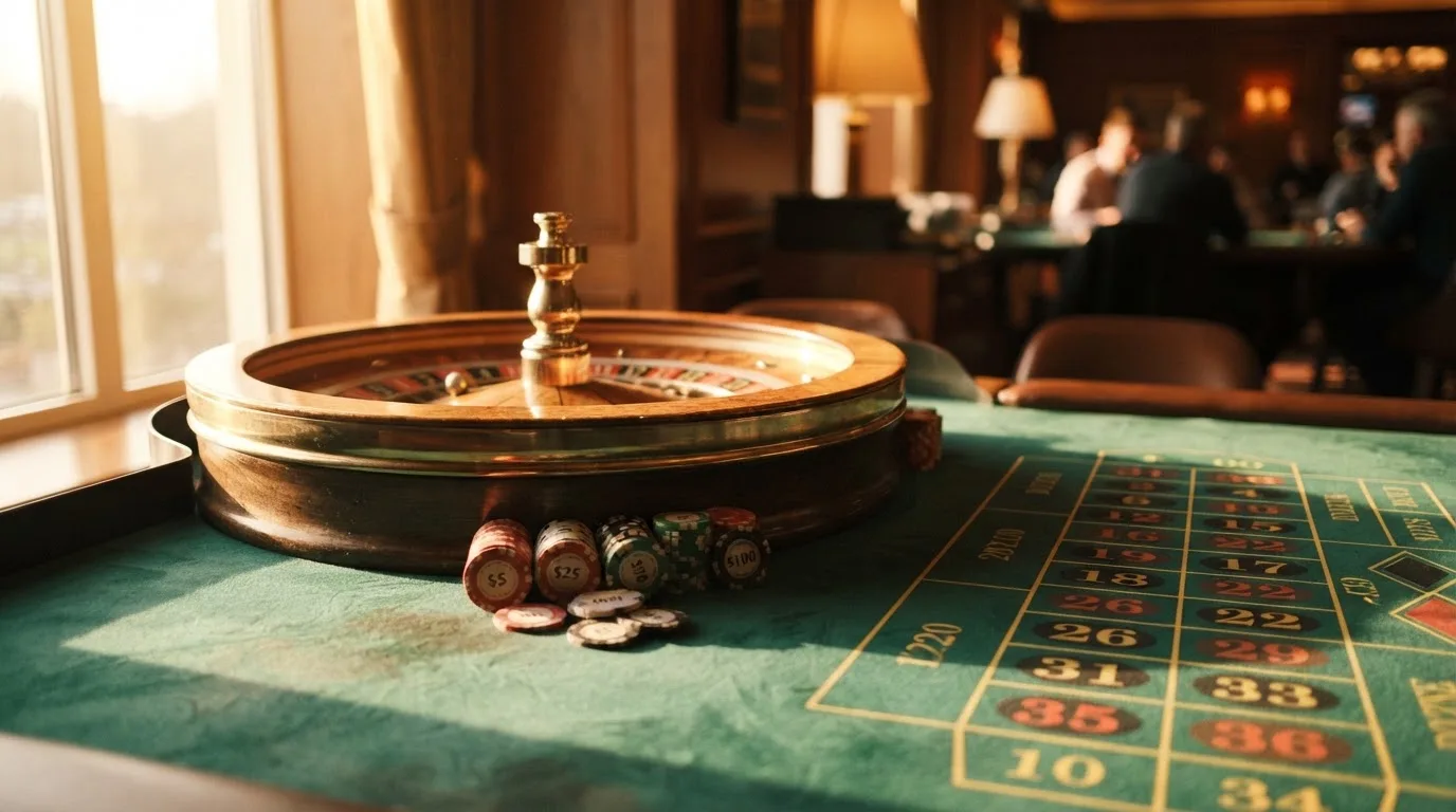 Roda de roleta e fichas sobre feltro verde, sob uma luz quente de fim de tarde — slot machines em portugal