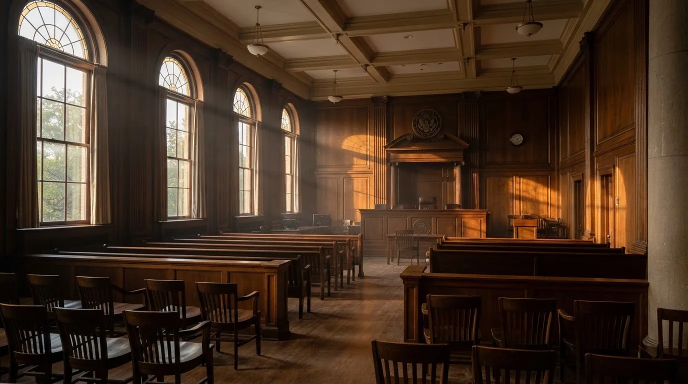 Sala de tribunal vazia com painéis de madeira, à luz da manhã — slots com bonus em portugal