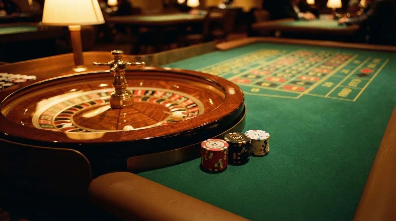 Roda de roleta e fichas sobre feltro verde, sob uma luz quente de fim de tarde — slots com bonus em portugal