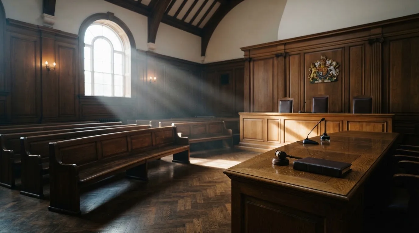 Sala de tribunal vazia com painéis de madeira, à luz da manhã — slots demo em portugal
