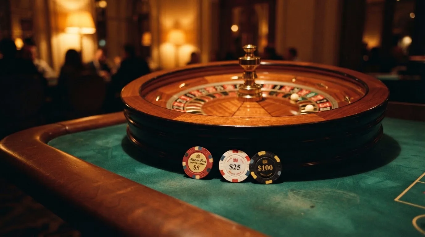 Roda de roleta e fichas sobre feltro verde, sob uma luz quente de fim de tarde — slots demo em portugal