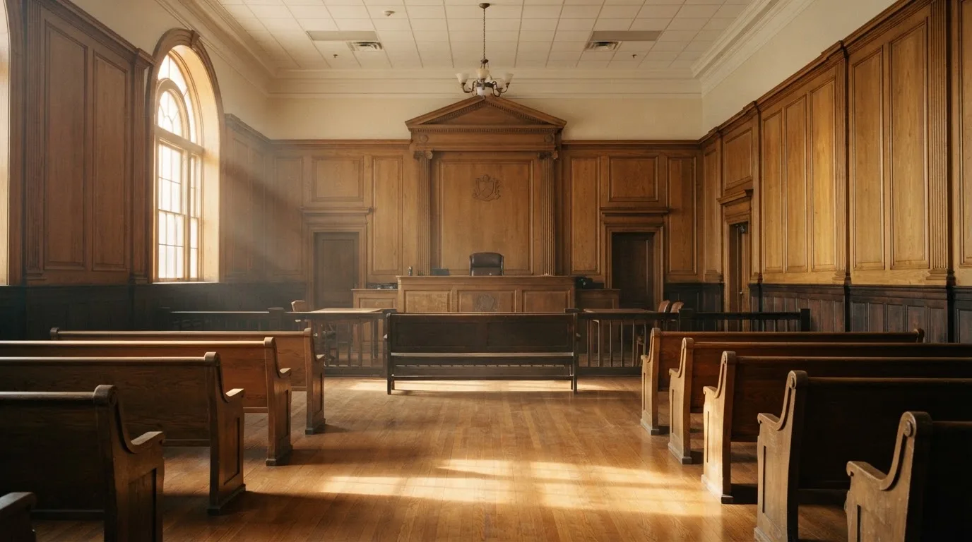 Sala de tribunal vazia com painéis de madeira, à luz da manhã — slots grátis em portugal