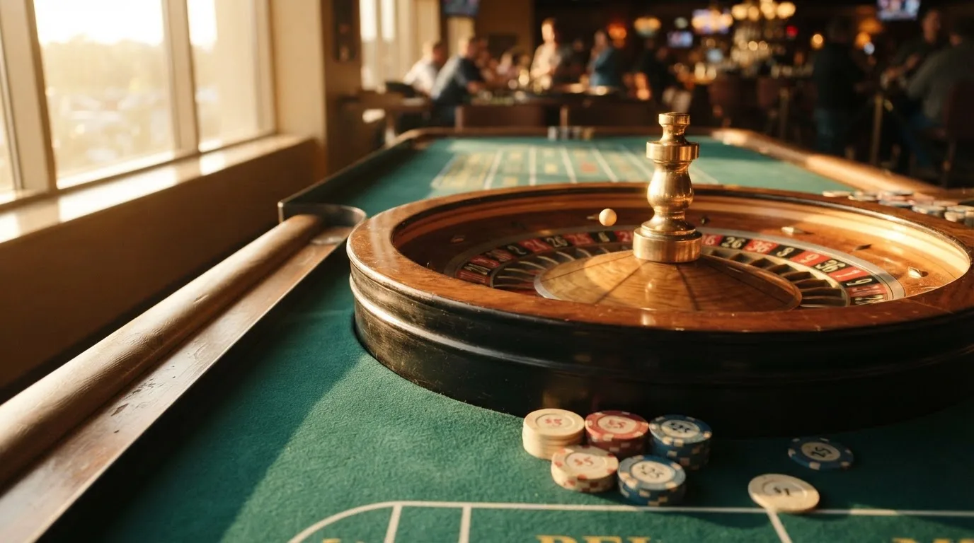 Roda de roleta e fichas sobre feltro verde, sob uma luz quente de fim de tarde — slots grátis em portugal