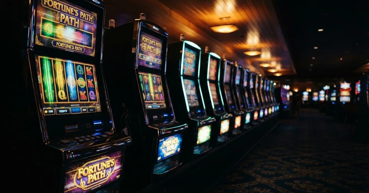 Fila de máquinas de slots num casino em Portugal vistas de lado, com rolos iluminados e carpete escura, sem pessoas, fotografia de interior.