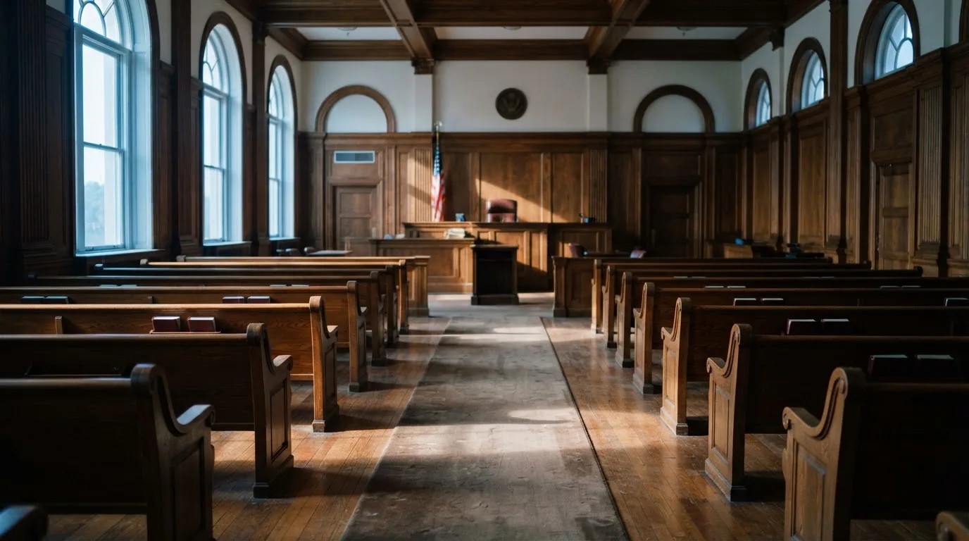 Sala de tribunal vazia com painéis de madeira, à luz da manhã — slots por dinheiro em portugal