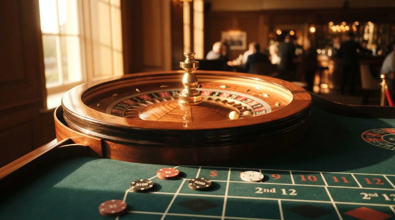 Roda de roleta e fichas sobre feltro verde, sob uma luz quente de fim de tarde — slots por dinheiro em portugal
