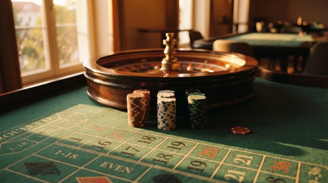 Roda de roleta e fichas sobre feltro verde, sob uma luz quente de fim de tarde — tabelas de blackjack em portugal