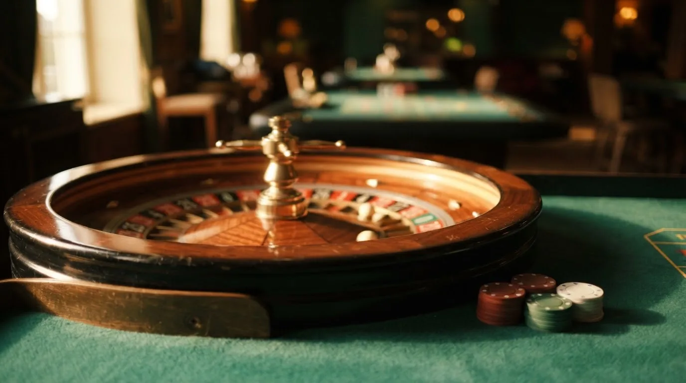 Roda de roleta e fichas sobre feltro verde, sob uma luz quente de fim de tarde — top casinos em portugal