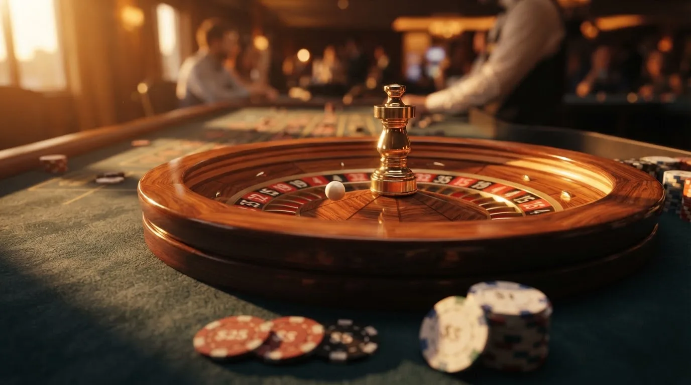 Roda de roleta e fichas sobre feltro verde, sob uma luz quente de fim de tarde — truques de casino em portugal