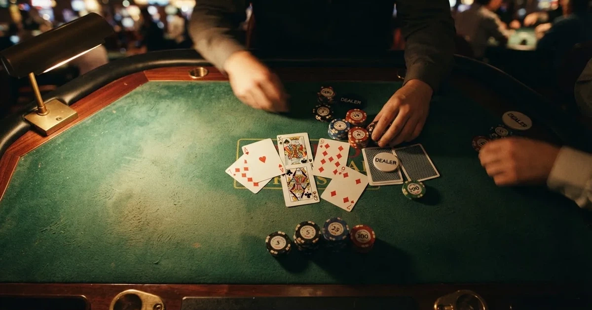 Mesa de jogo iluminada com cartas, vista de cima — truques de casino em portugal